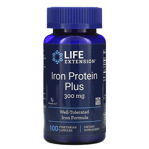 Life Extension, Iron Protein Plus, 300 мг, 100 вегетарианских капсул