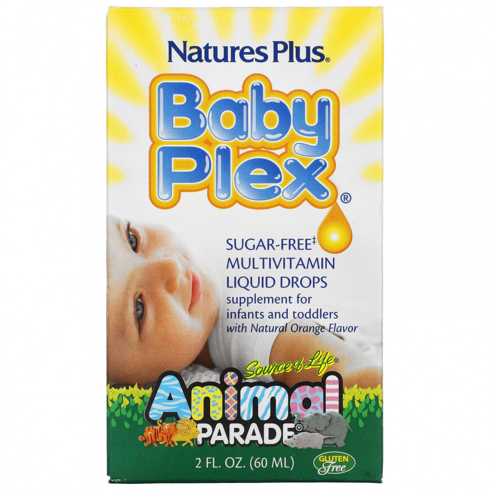Animal Parade Baby Plex, жидкие мультивитаминные капли без сахара с натуральным вкусом апельсина  60 мл