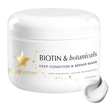 HAIRtamin Biotin & Botanicals Увлажняющая маска для волос | Кондиционер для поврежденных сухих волос | Глубокий кондиционер для вьющихся волос | Маска для восстановления обесцвеченных поврежденных волос | Маска для глубокого кондиционирования волос