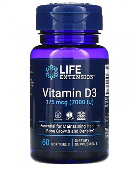 Life Extension, Витамин D3, 175 мкг (7000 МЕ), 60 мягких желатиновых капсул