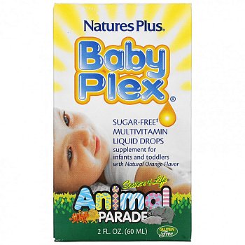 Animal Parade Baby Plex, жидкие мультивитаминные капли без сахара с натуральным вкусом апельсина  60 мл